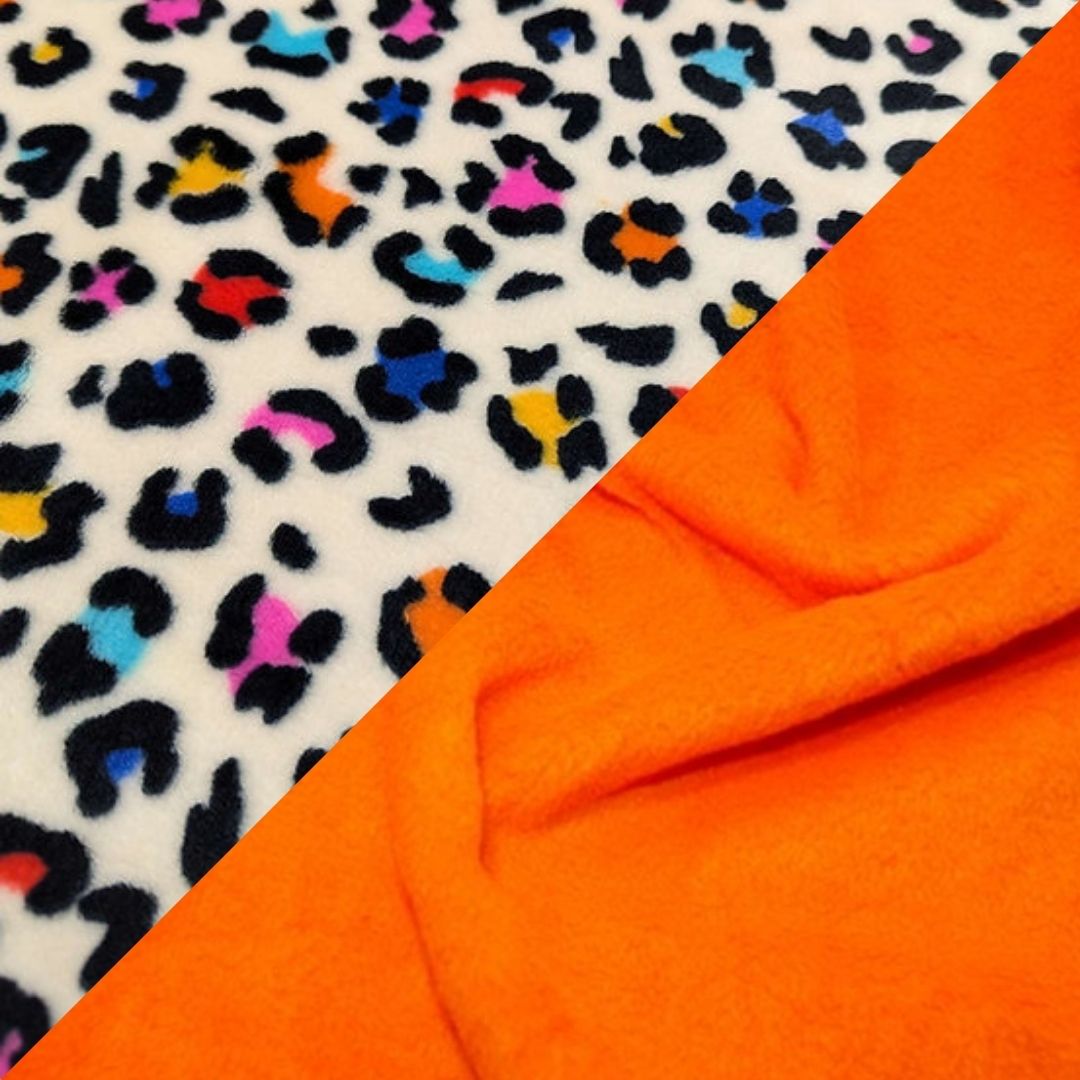 Multicoloured leopard print fabric and bright orange fabric.