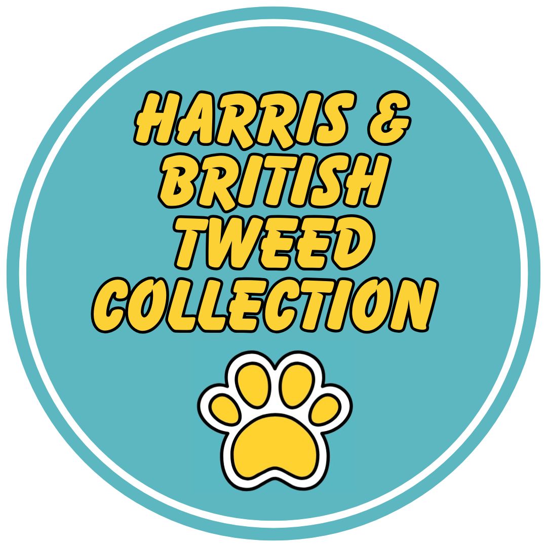 Harris and British Tweed collection badge in teal and yellow