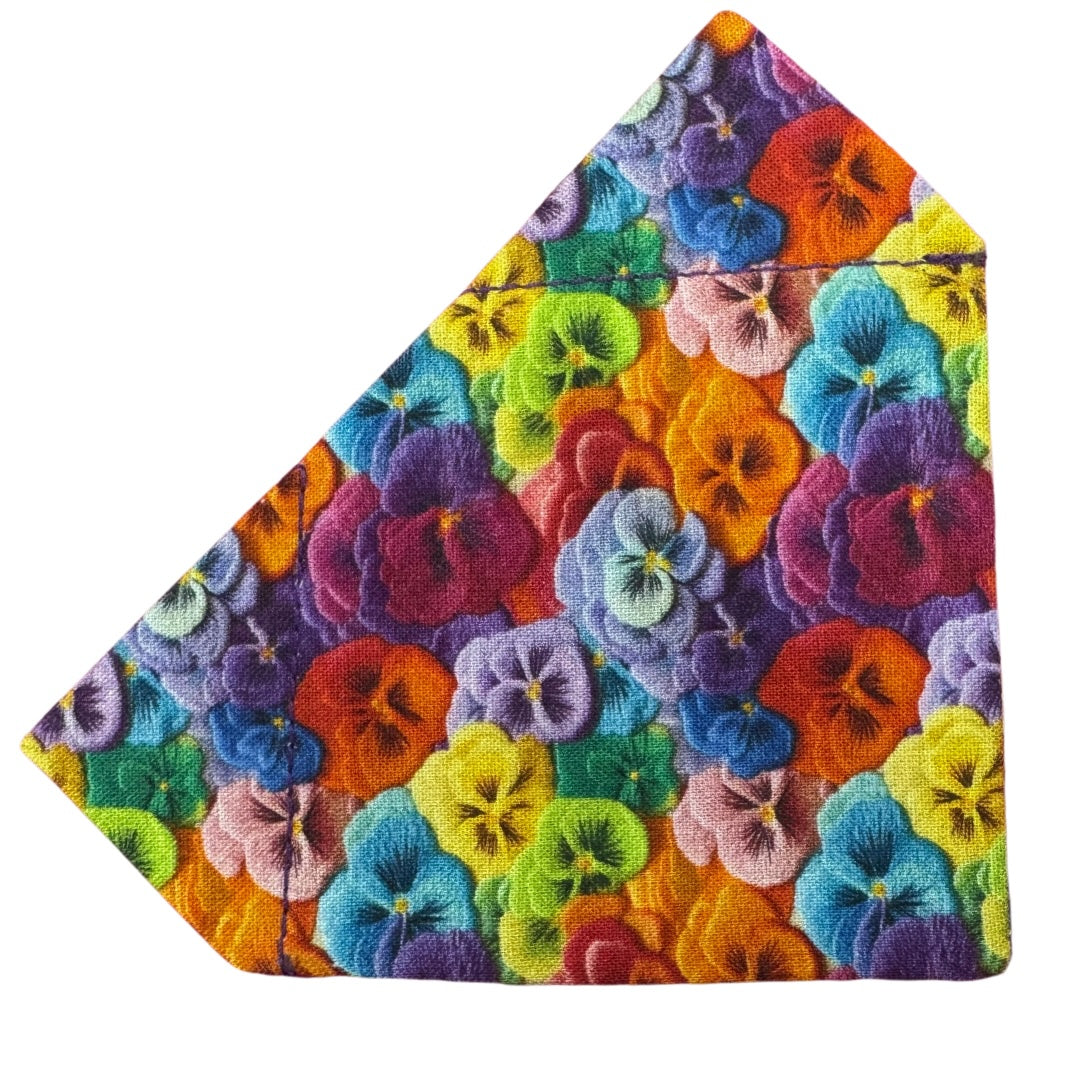 A multicoloured floral dog bandana with a pansy pattern.