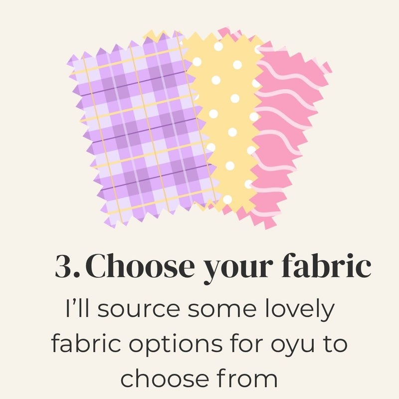 Three fabric swatches (plaid, polka dot, and striped) with choose your fabric text
