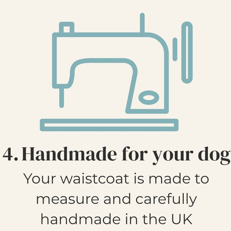 Sewing machine icon with text about handmade dog waistcoats made in the UK