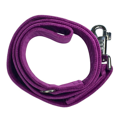 Top view of a purple velvet dog lead with metal clasp