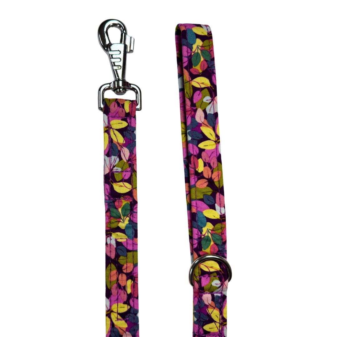 Colourful floral-patterned dog leash with metal clasp
