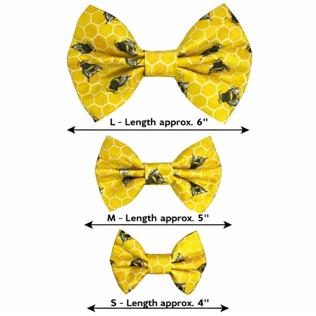 Three yellow bow ties with bee and honeycomb pattern, labeled with their approximate lengths.
