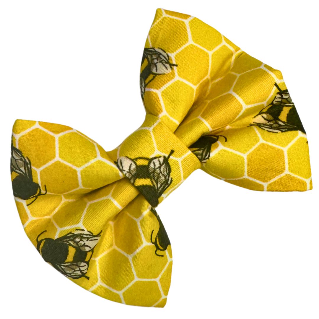 A yellow dog bow tie with a bee hive pattern and a double elastic