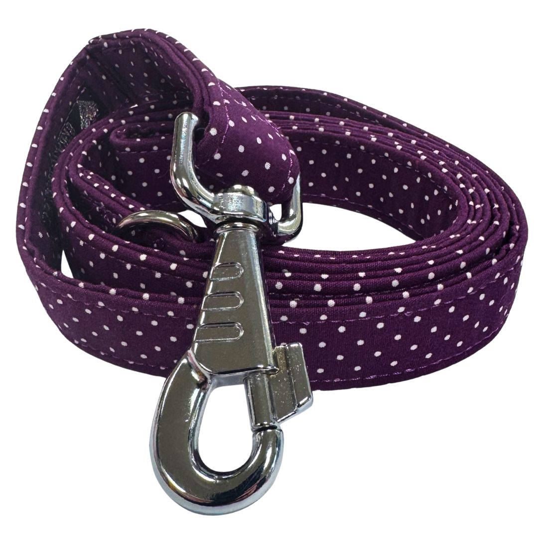 A purple dog lead with white polka dots and silver metal hardware, including a swivel clip and D ring.