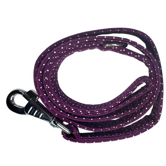 A purple dog lead with white polka dots and silver metal hardware, including a swivel clip and D ring top view