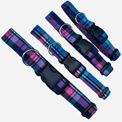 Four handmade adjustable dog collars with a blue and pink tartan pattern, featuring plastic buckles, and D rings,
