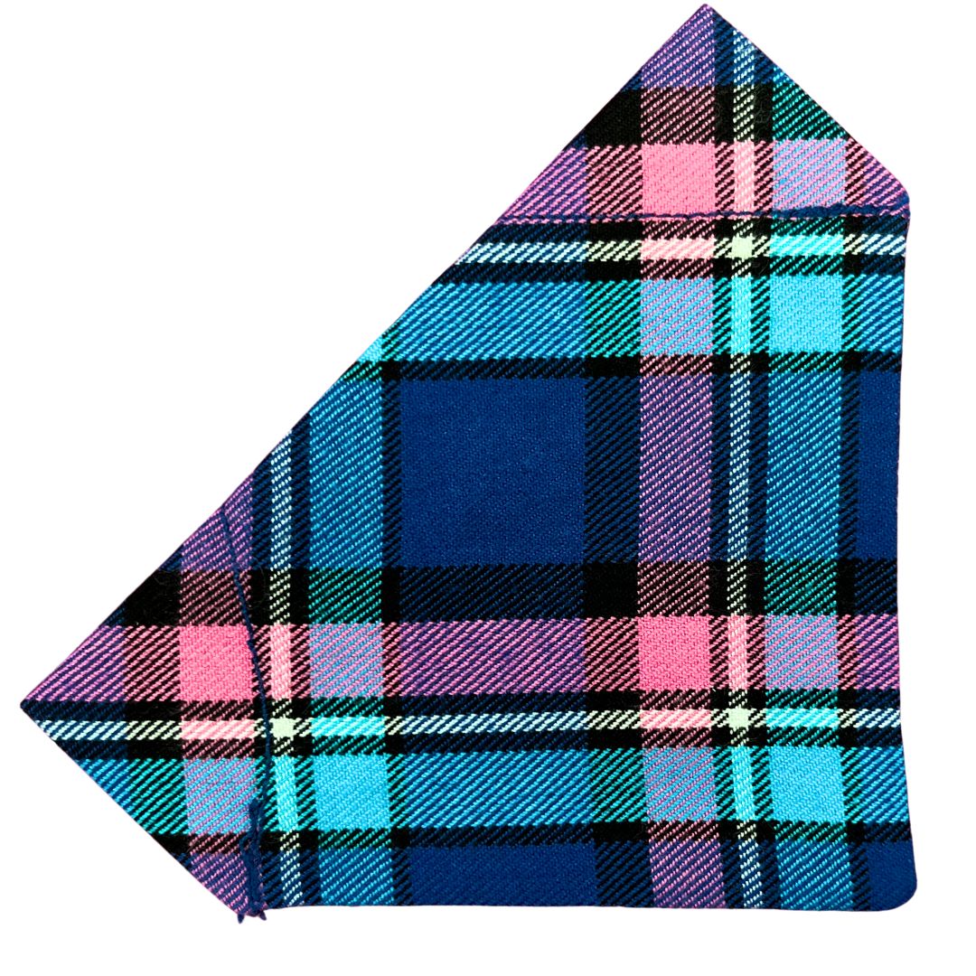 A tartan bandana with blue, pink, black, and white colours.