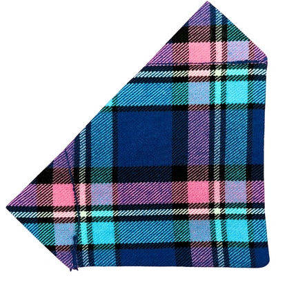 A tartan bandana with blue, pink, black, and white colours.