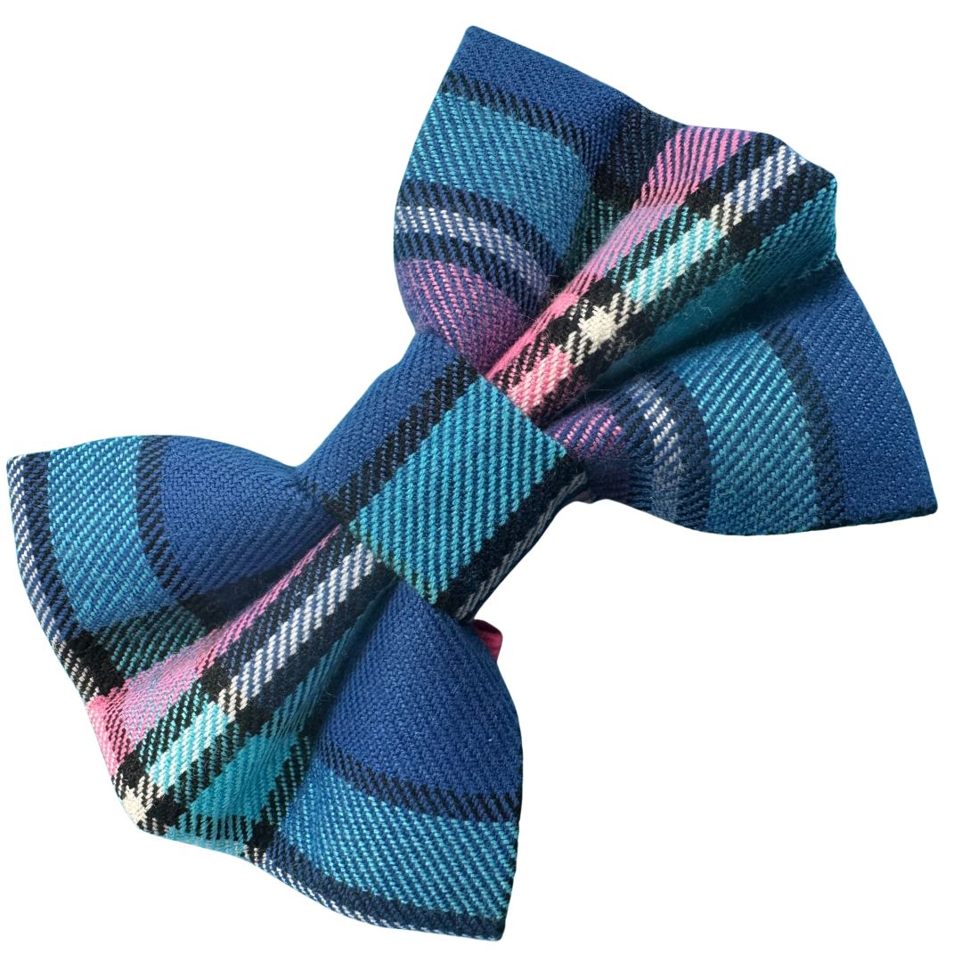 Cambridge Tartan bow tie with blue, pink, and black colours on a white background