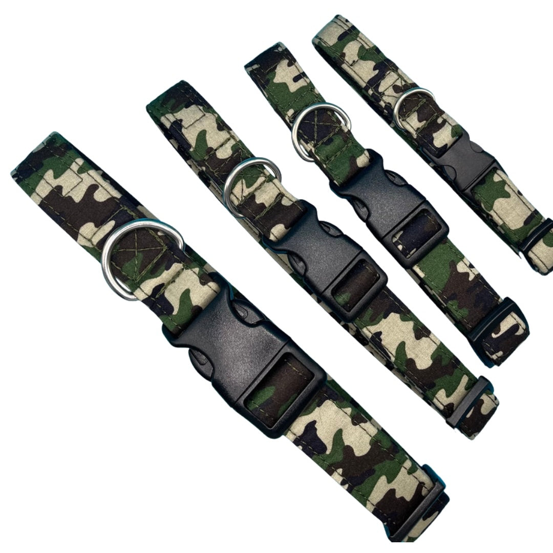 A collection of camo print dog collars with plastic buckles and metal D rings, arranged side by side.