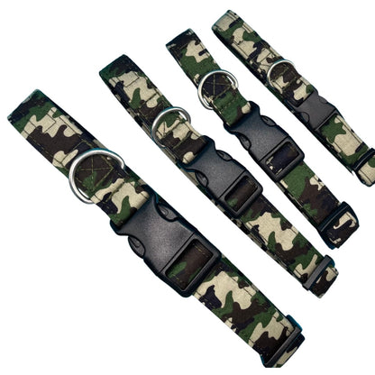 A collection of camo print dog collars with plastic buckles and metal D rings, arranged side by side.