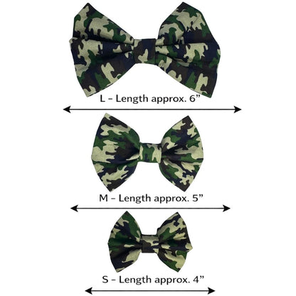 Three green camouflage-patterned dog bows with measurements