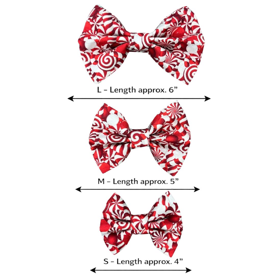 Three handmade holiday candy cane print bow accessory for dog collars - red and white festive design.