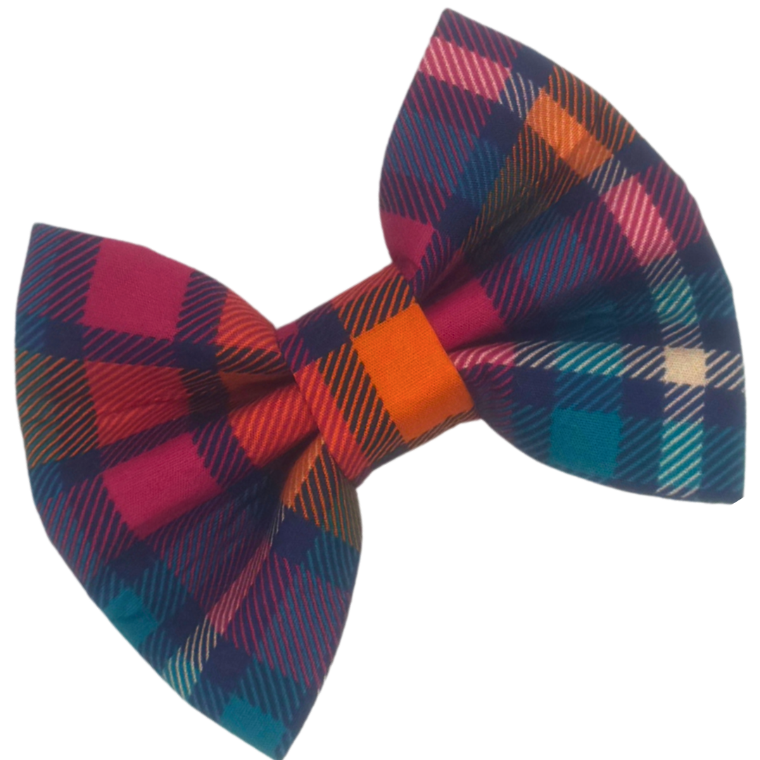 Bright tartan pink, orange and blue bow for dogs and cats.
