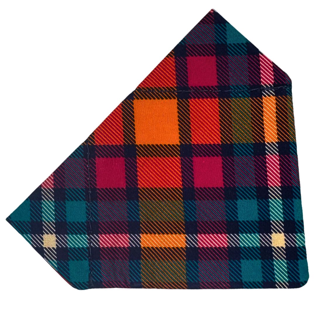 Colourful plaid fabric dog bandana that slips on the collar