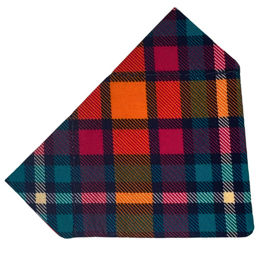 Colourful plaid fabric dog bandana that slips on the collar