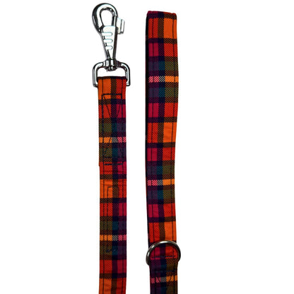Orange, blue and pink plaid dog leash with metal clip