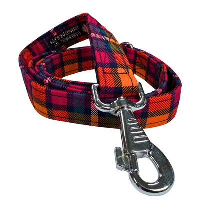 Side view of a plaid dog leash with a metal clip