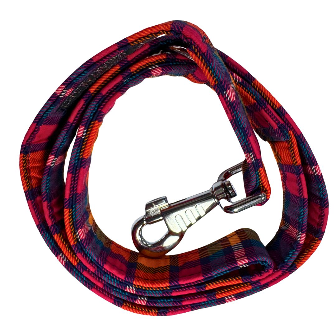 Top view of a plaid patterned dog leash with a metal clasp