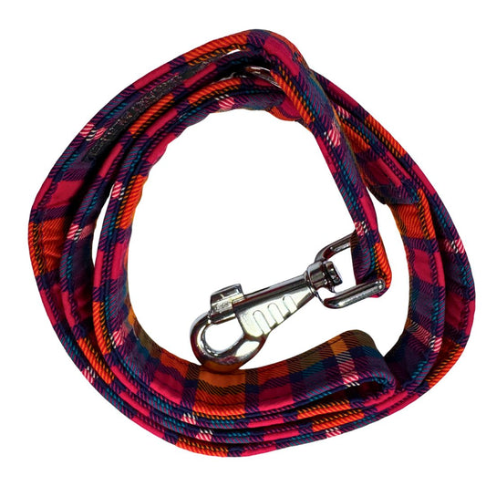Top view of a plaid patterned dog leash with a metal clasp