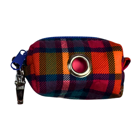 Plaid patterned pouch with a circular opening and keychain clip