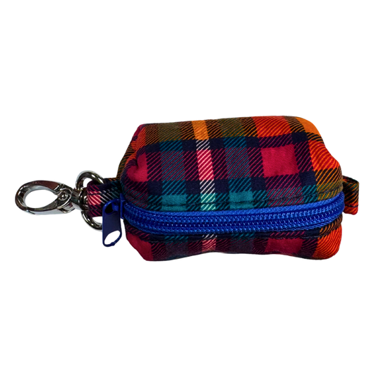 Plaid patterned poo bag holder with a blue zipper