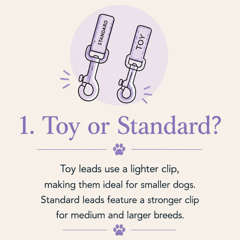 An informational graphic comparing dog leash clips, titled '1. Toy or Standard?'.