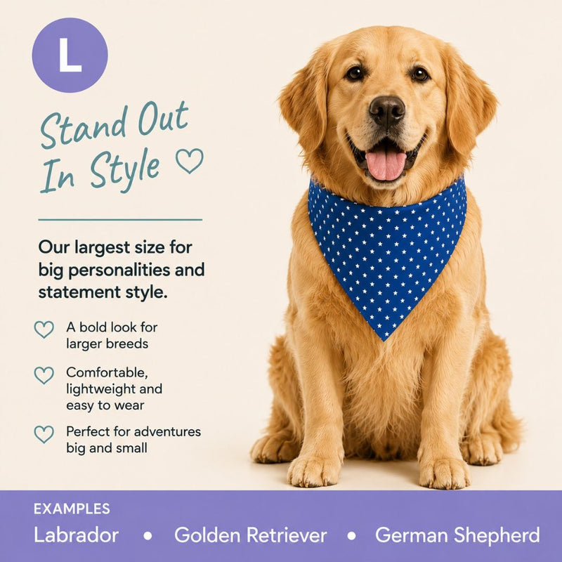 A golden retriever wearing a blue bandana with white polka dots, sitting on a light beige background with promotional text about the bandana. The text highlights its suitability for larger breeds and includes a purple circle with an 'L' and a purple footer with breed examples.