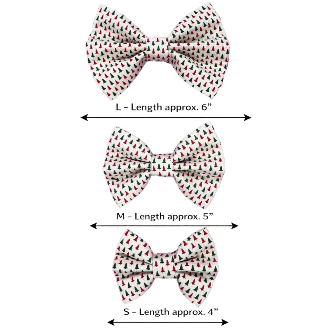 Three dog bow ties with red and green Christmas trees with size indicators
