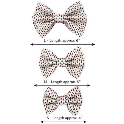 Three dog bow ties with red and green Christmas trees with size indicators