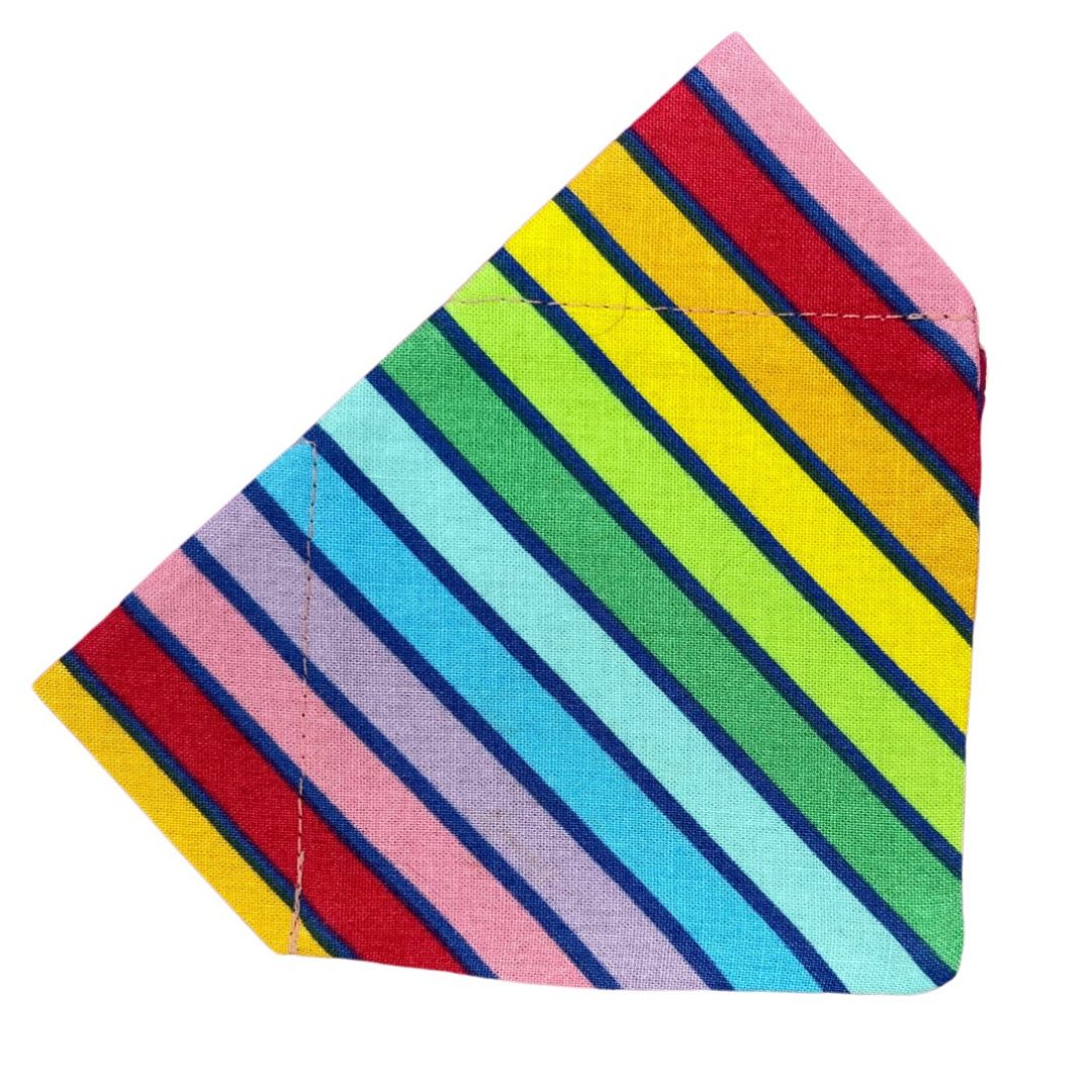 A multicoloured striped dog bandana with vibrant colours including red, yellow, blue, and green.