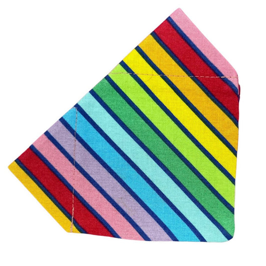 A multicoloured striped dog bandana with vibrant colours including red, yellow, blue, and green.
