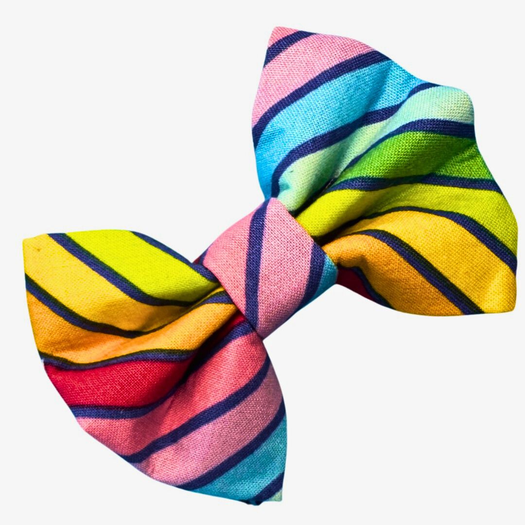 A vibrant and colourful circus stripe pattern dog bow tie