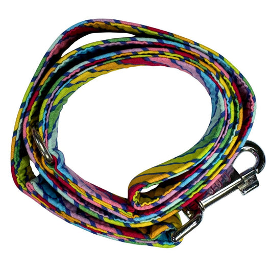 A top view of a multicoloured striped dog lead with a metal clasp and D-ring.