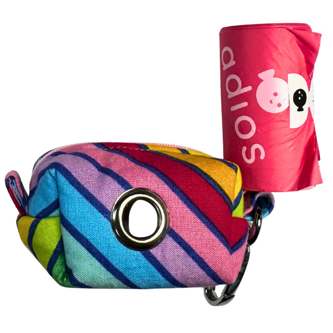 A fabric poo bag holder with circus stripe pattern, featuring a colour contrasting zip and metal accessories, with a keychain attachment.