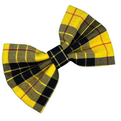 A yellow, black, and red checkered bow tie designed for dogs.