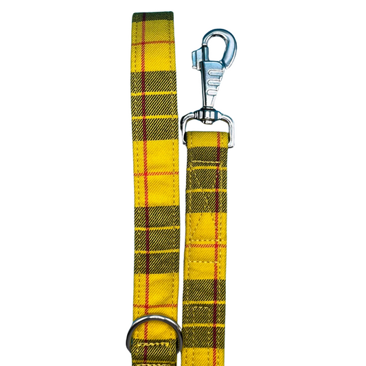 A yellow and black tartan dog lead with silver metal hardware and a large swivel clip.