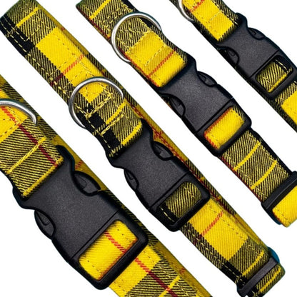 Adjustable and customisable yellow dog collar with a tartan pattern, silver metal D ring, and black plastic buckle.