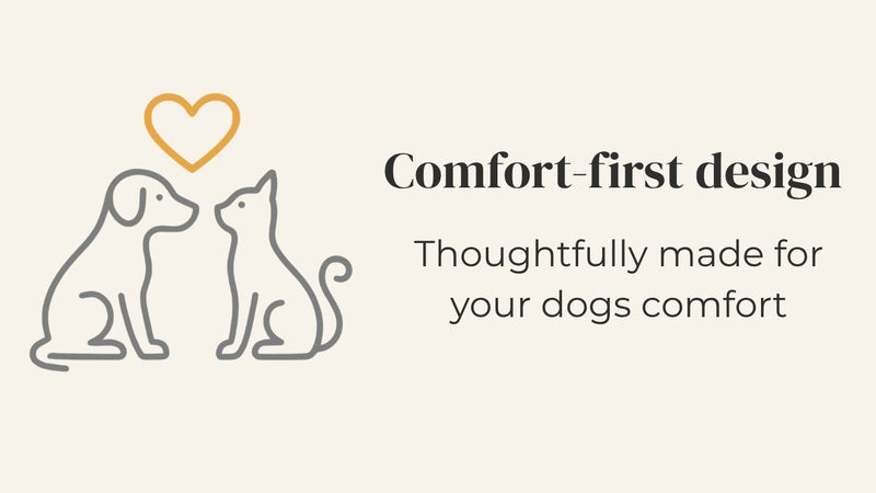 Two dogs and a heart above them, accompanied by text 'Comfort-first design: Thoughtfully made for your dogs comfort'