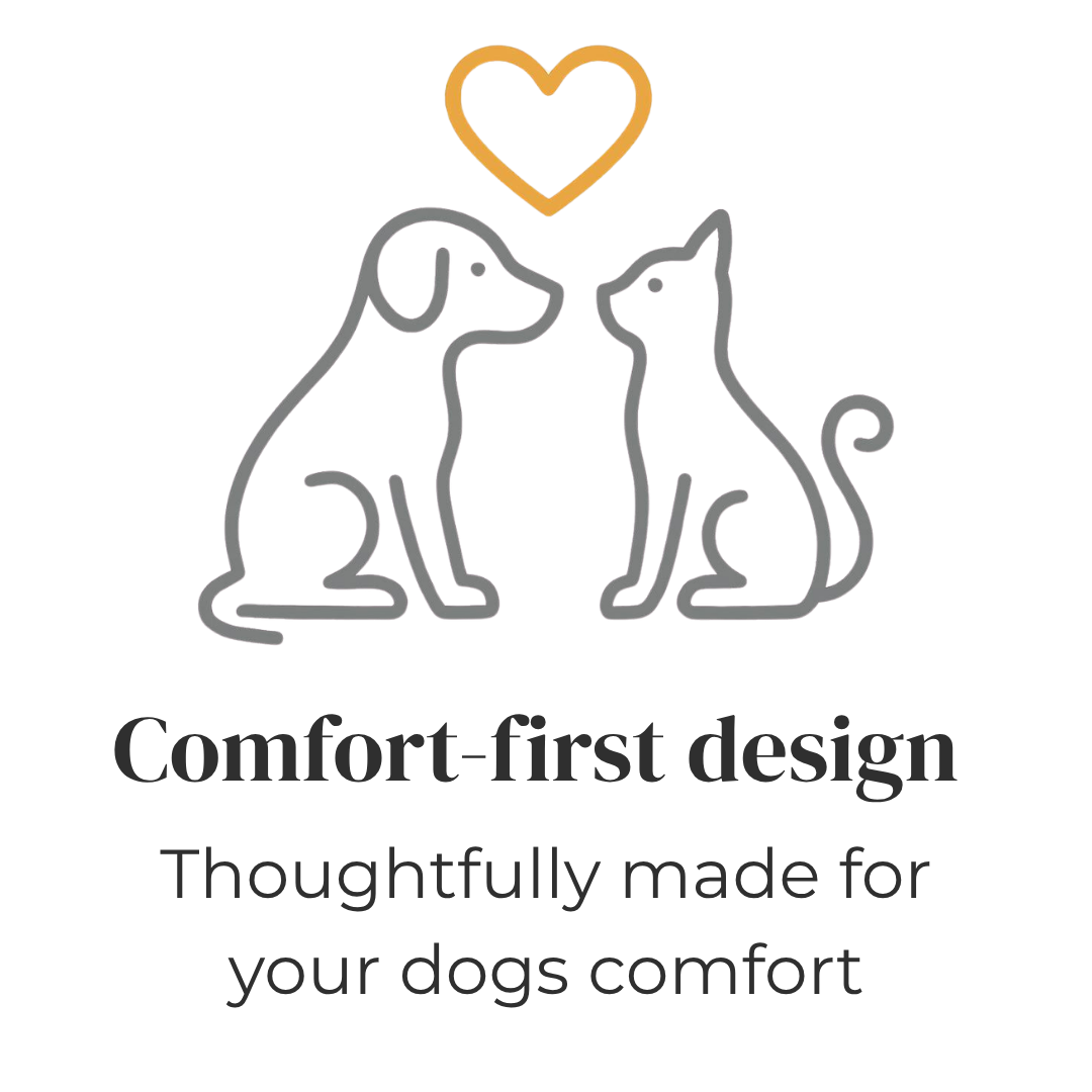 Two dogs with a heart above them and text - comfort-first design
