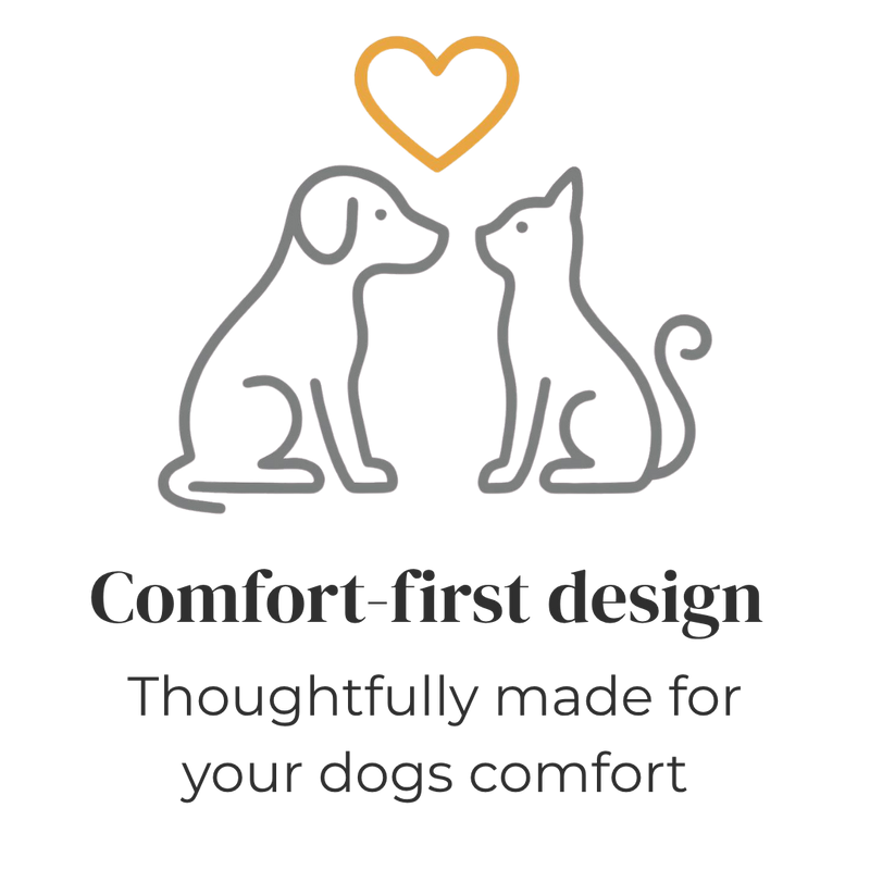 Two dogs with a heart above them and text - comfort-first design