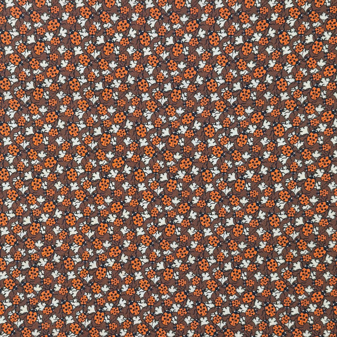 Pattern of ladybugs and flowers on a brown background