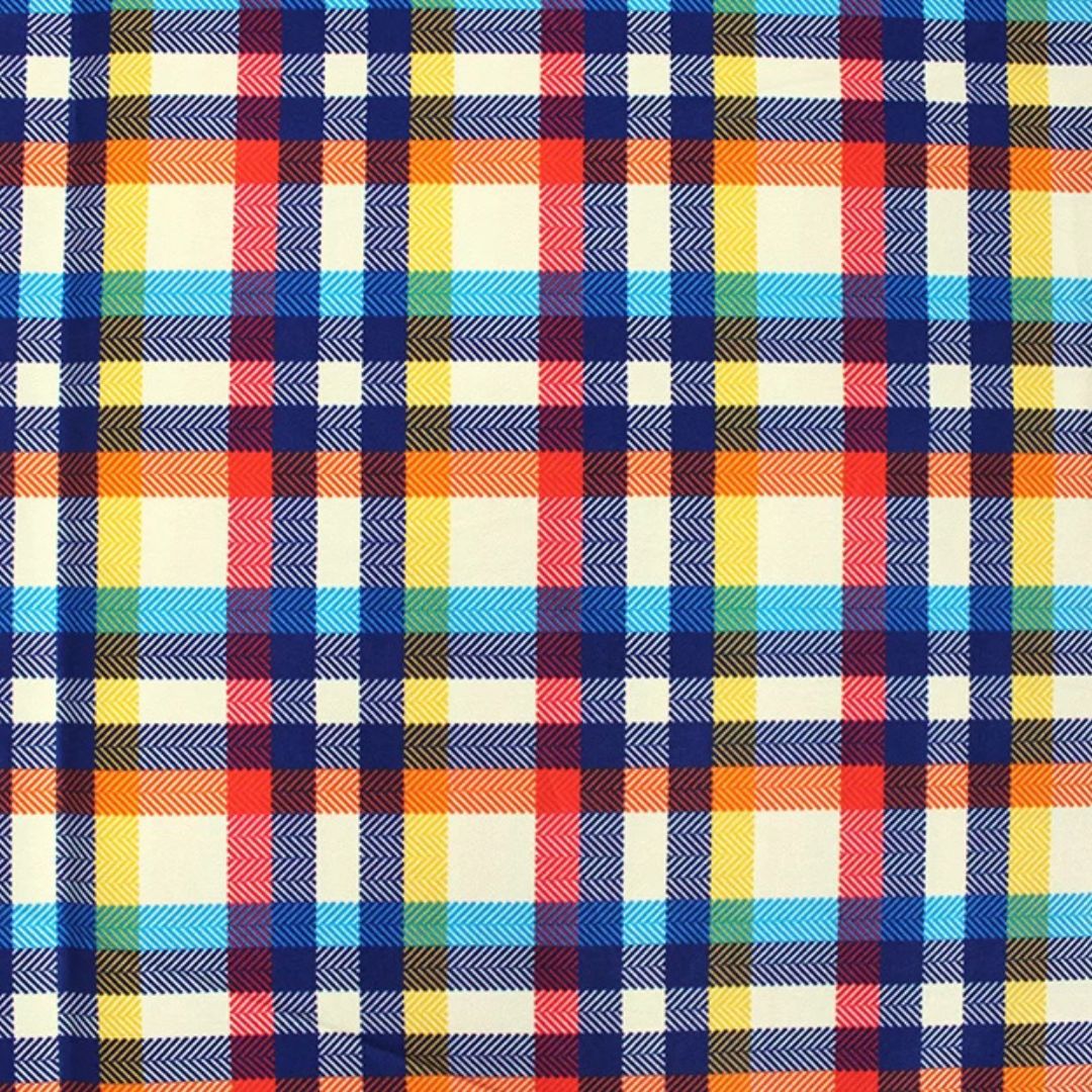 Colorful plaid pattern with a mix of blue, red, yellow, and white.