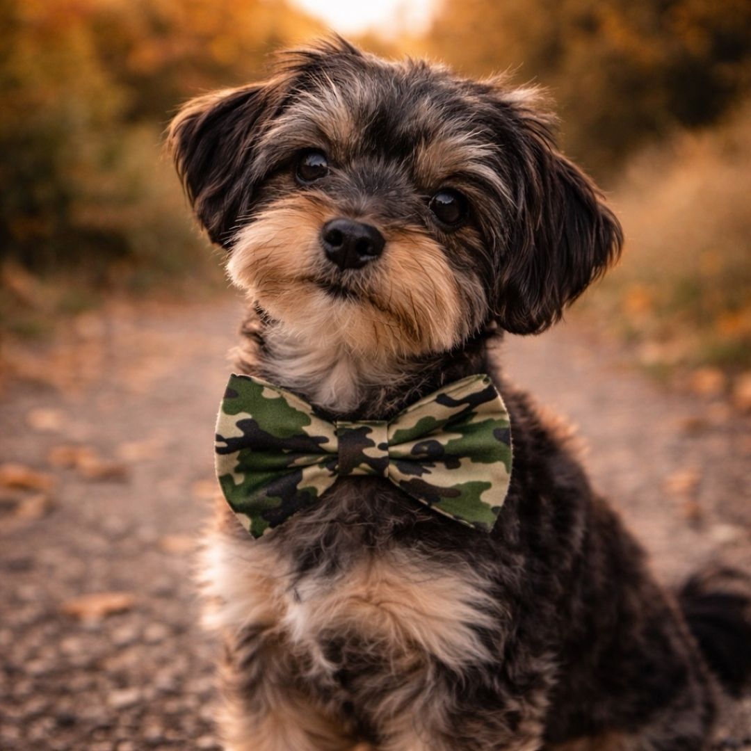 Dog wearing a camouflage bow tie outdoors with a blurred natural background