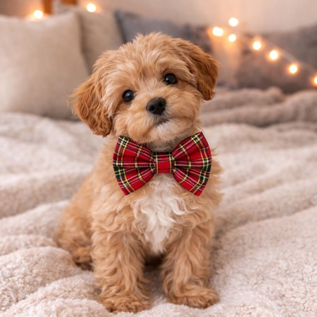Small dog wearing a red Christmas plaid bow tie sitting on a soft surface with blurred lights in the background.