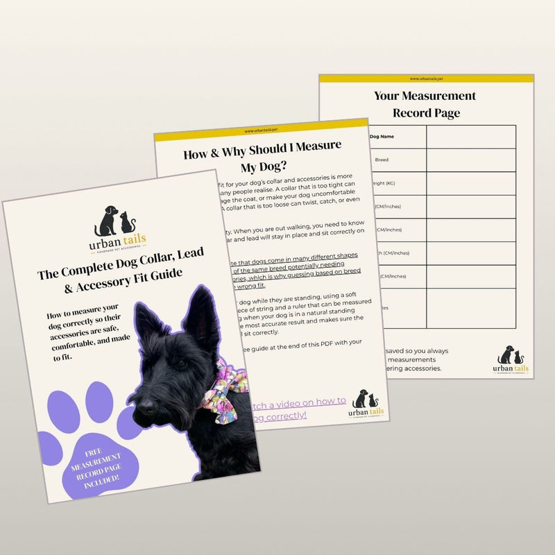Three pages from a 'The Complete Dog Collar, Lead & Accessory Fit Guide' by Urban Pups