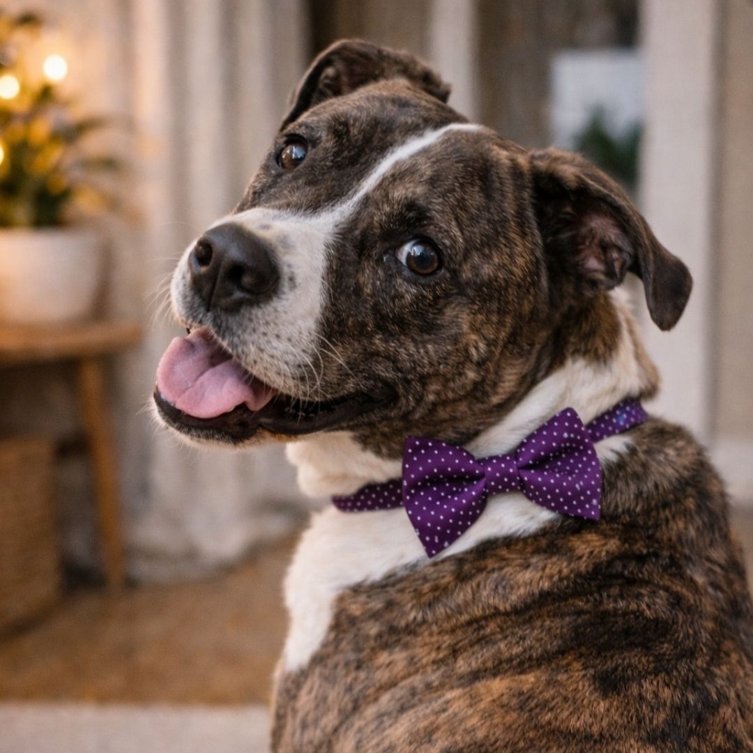 Dog wearing a purple spot bow tie indoors with a blurred background
