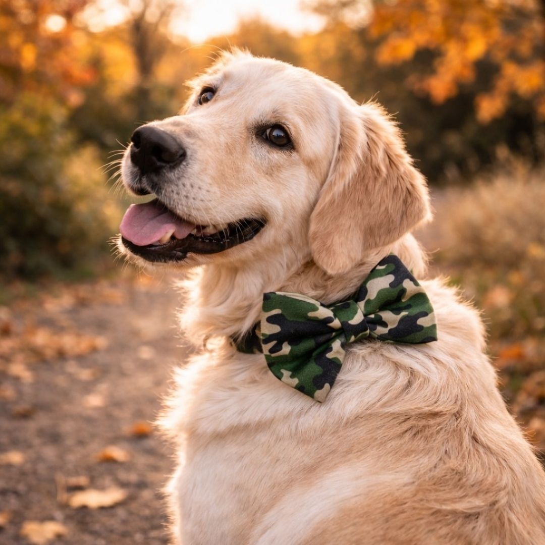 Dog wearing a camouflage bow tie in an outdoor setting with autumn leaves.